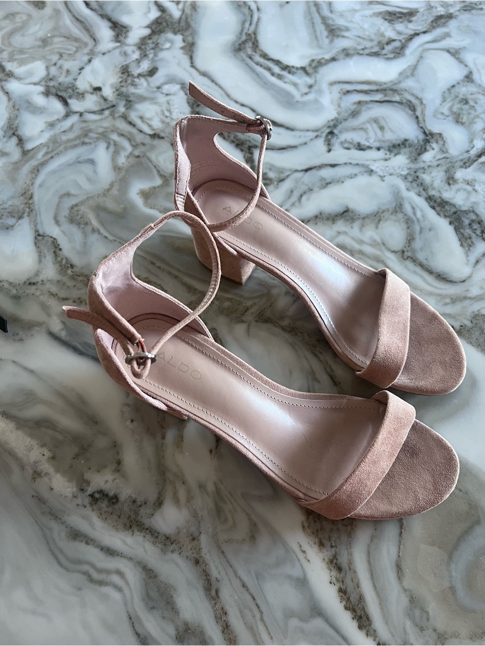 ALDO Suede Nude Ankle-Strap 2” Block Heel Sandals